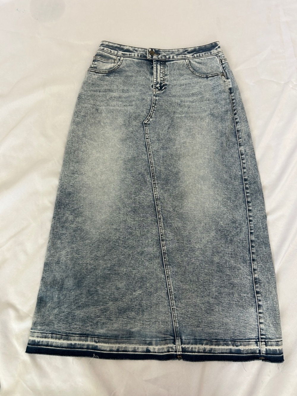 Classic Washed Denim Midi Skirt - Light Blue
